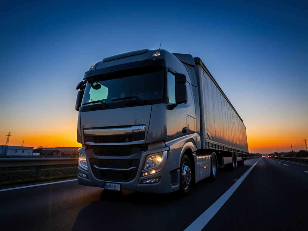Semi-remorque Hauts Transports sur autoroute au lever du soleil
